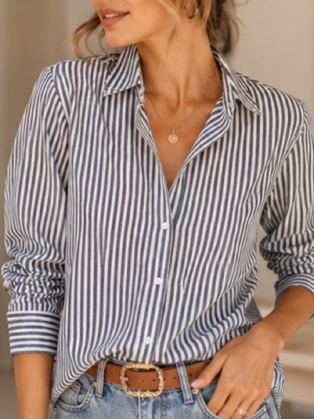 Grant & Grace The Monte Carlo Sun Washed Gray White Stripe Button Front Shirt XL - Picture 10 of 16